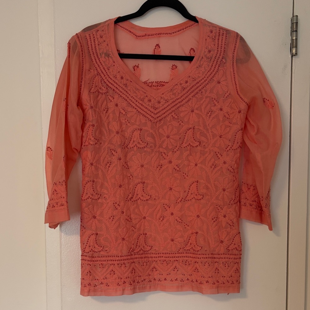 Women's pink hand Embroidered V-Neck Top